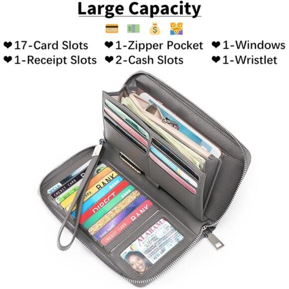 New Womens Wallet RFID Blocking Leather Zip Around Wallet Large Capacity - Picture 3 of 7